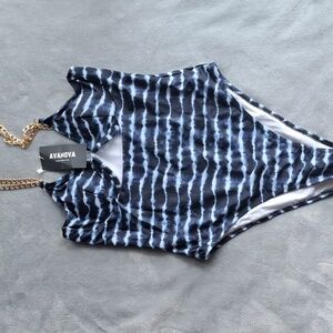NWT Avanova Swimsuit Dark Blue Gray Small Gold Chain Suspender Keyhole Underwire